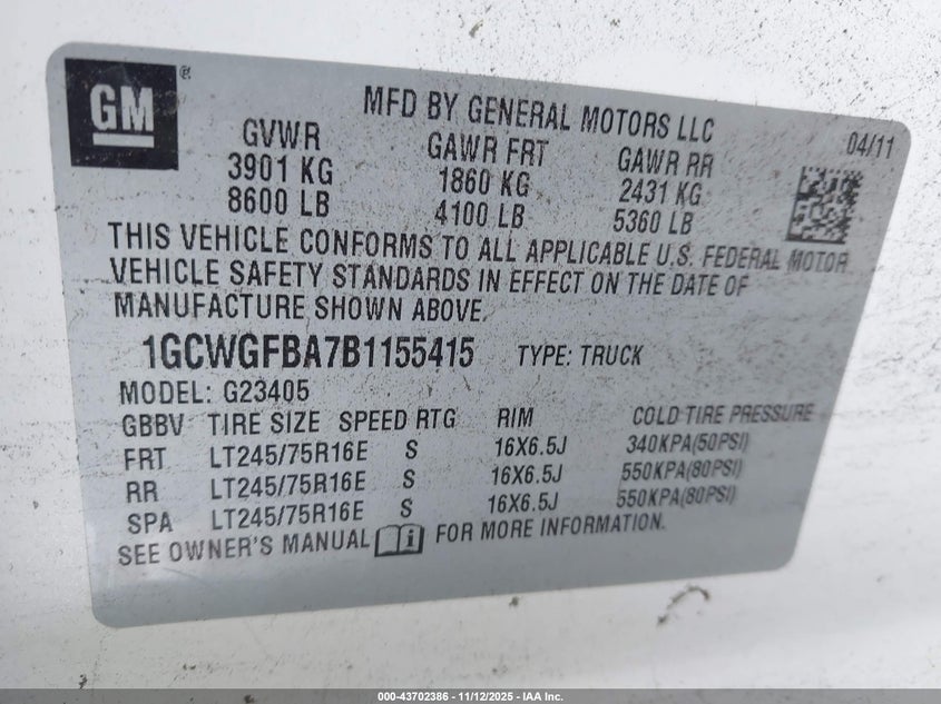 2011 Chevrolet Express 2500 Work Van VIN: 1GCWGFBA7B1155415 Lot: 43702386