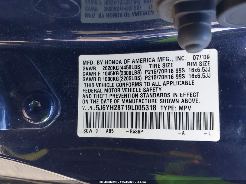 2009 Honda Element Ex VIN: 5J6YH28719L005318 Lot: 43702390