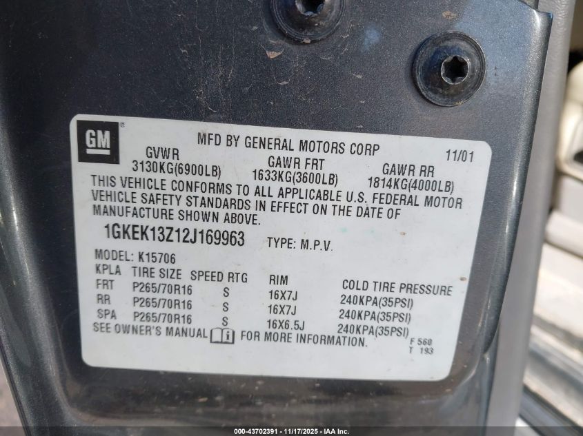 2002 GMC Yukon Slt VIN: 1GKEK13Z12J169963 Lot: 43702391