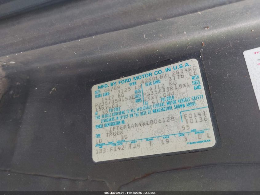 1989 Ford F150 VIN: 1FTEF14N4KLB06128 Lot: 43702421