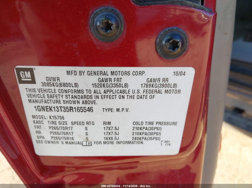 2005 Chevrolet Tahoe Z71 VIN: 1GNEK13T35R165546 Lot: 43702434