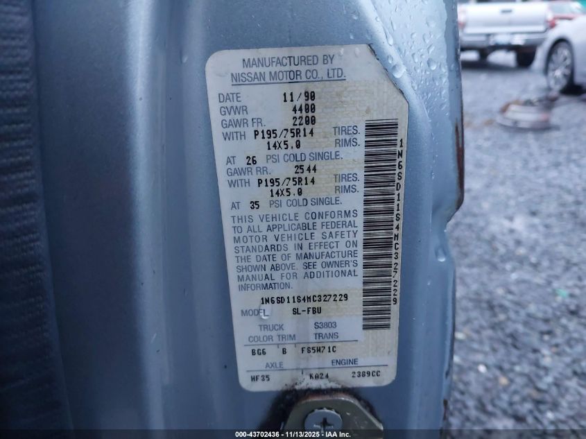 1991 Nissan Truck Short Wheelbase VIN: 1N6SD11S4MC327229 Lot: 43702436