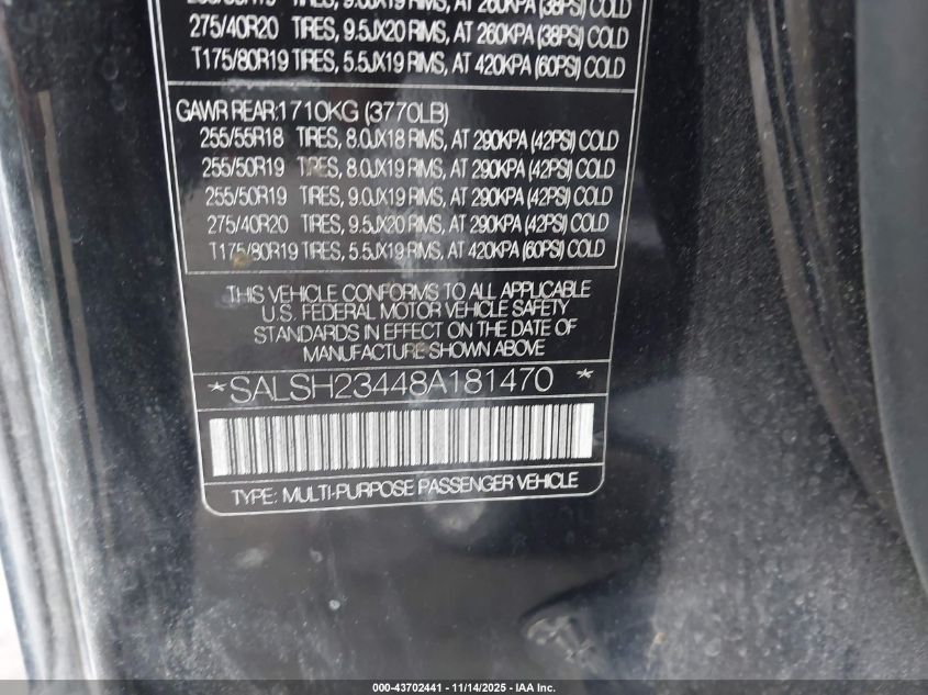 2008 Land Rover Range Rover Sport Supercharged VIN: SALSH23448A181470 Lot: 43702441