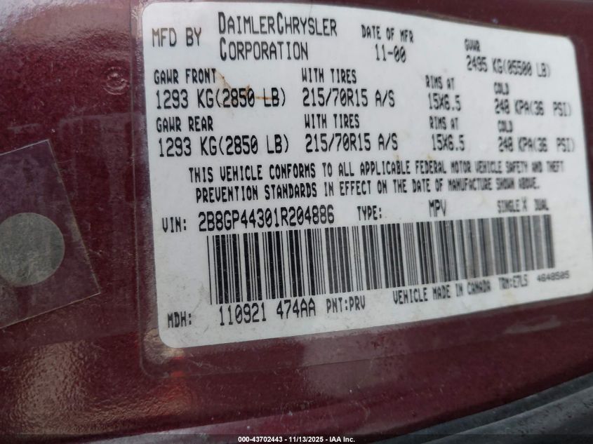 2001 Dodge Grand Caravan Sport VIN: 2B8GP44301R204886 Lot: 43702443