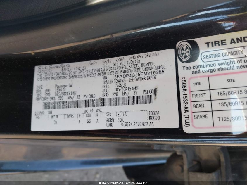 2015 Ford Fiesta Se VIN: 3FADP4BJ5FM216285 Lot: 43702442