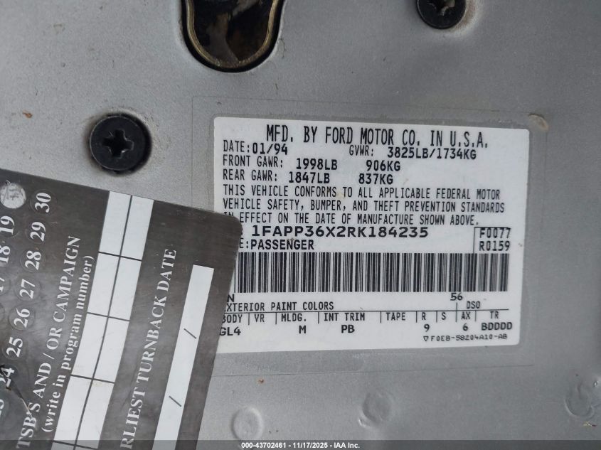 1994 Ford Tempo Gl VIN: 1FAPP36X2RK184235 Lot: 43702461