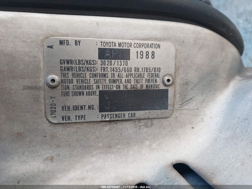 1988 Toyota Mr2 T-Bar VIN: JT2AW15J6J0139022 Lot: 43702467