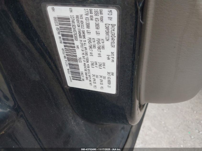 2004 Dodge Ram 1500 Slt/Laramie VIN: 1D7HA18DX4S763060 Lot: 43702490