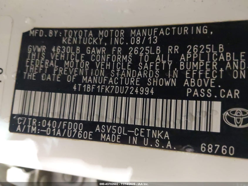 2013 TOYOTA CAMRY LE - 4T1BF1FK7DU724994