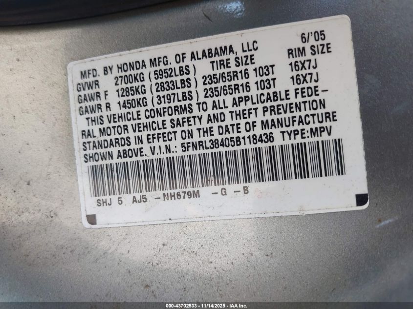 2005 Honda Odyssey Ex VIN: 5FNRL38405B118436 Lot: 43702533