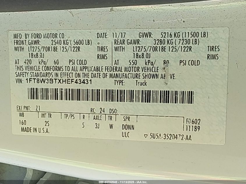 2017 Ford F-350 Xlt VIN: 1FT8W3BTXHEF43431 Lot: 43702548