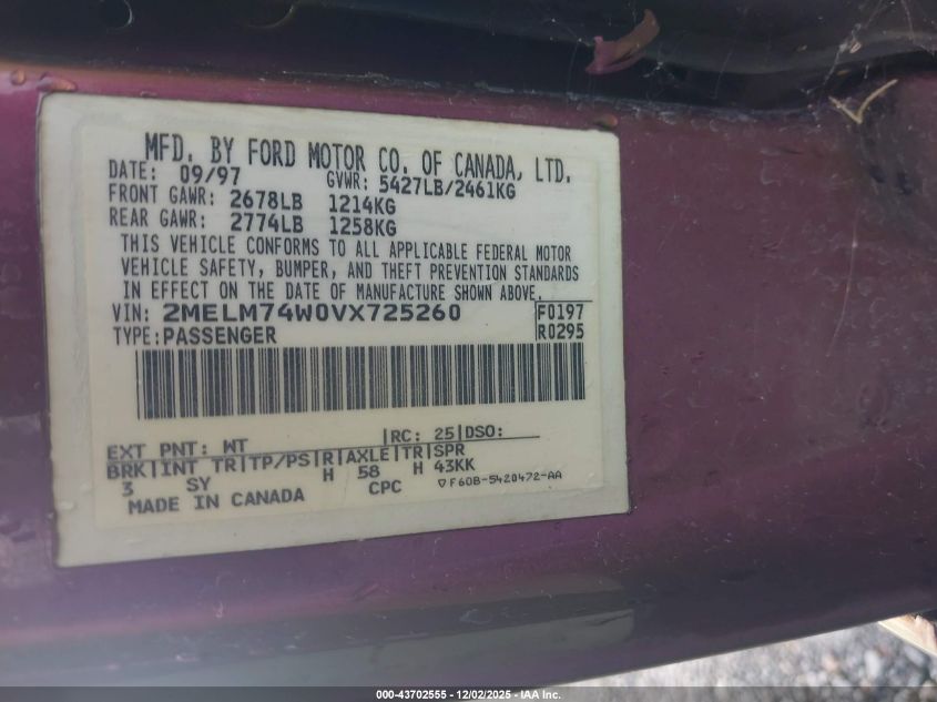 1997 Mercury Grand Marquis Gs VIN: 2MELM74W0VX725260 Lot: 43702555