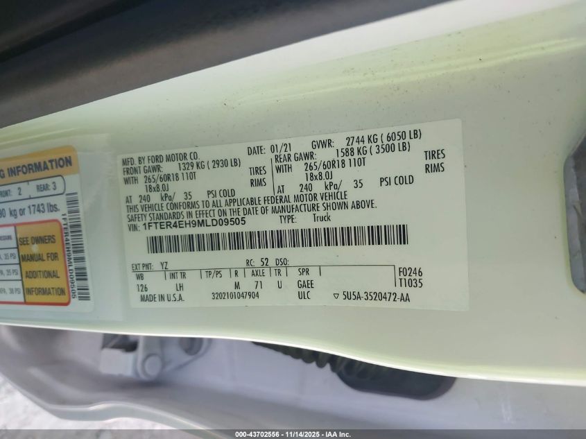 2021 Ford Ranger Xl VIN: 1FTER4EH9MLD09505 Lot: 43702556
