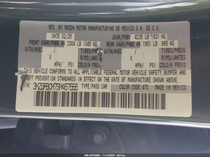 2025 Mazda Mazda3 2.5 S Carbon Edition VIN: 3MZBPBCM7SM467556 Lot: 43702560