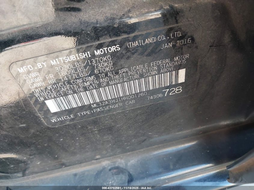 2017 Mitsubishi Mirage Es VIN: ML32A3HJ1HH001260 Lot: 43702561