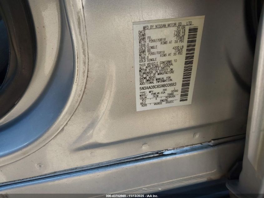 2005 Infiniti Qx56 VIN: 5N3AA08C65N803683 Lot: 43702569