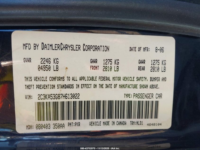 2007 Chrysler 300 Touring VIN: 2C3KA53G87H613022 Lot: 43702570