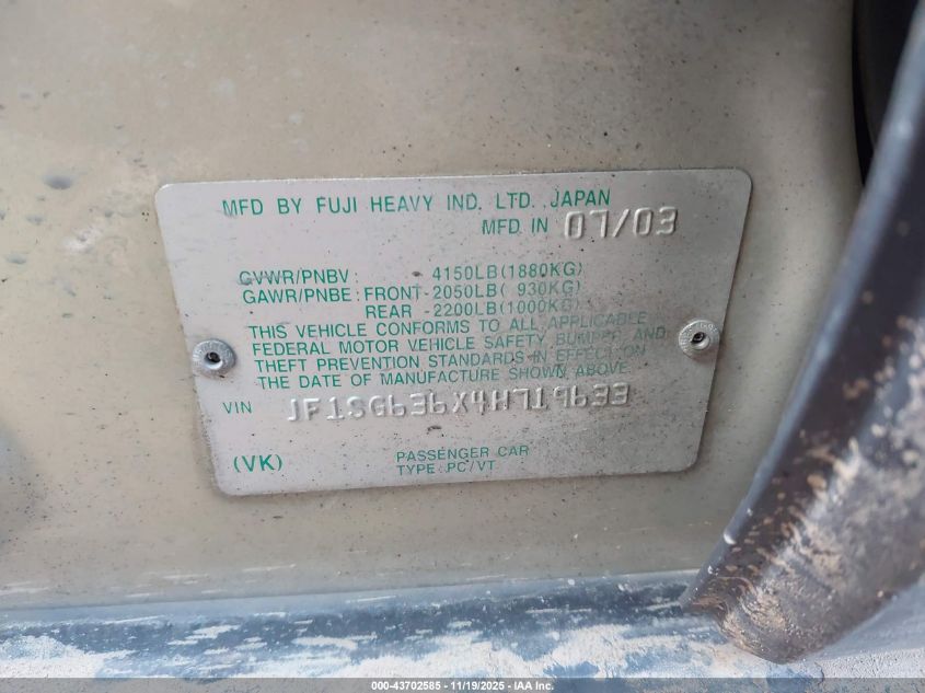 2004 Subaru Forester 2.5X VIN: JF1SG636X4H719633 Lot: 43702585