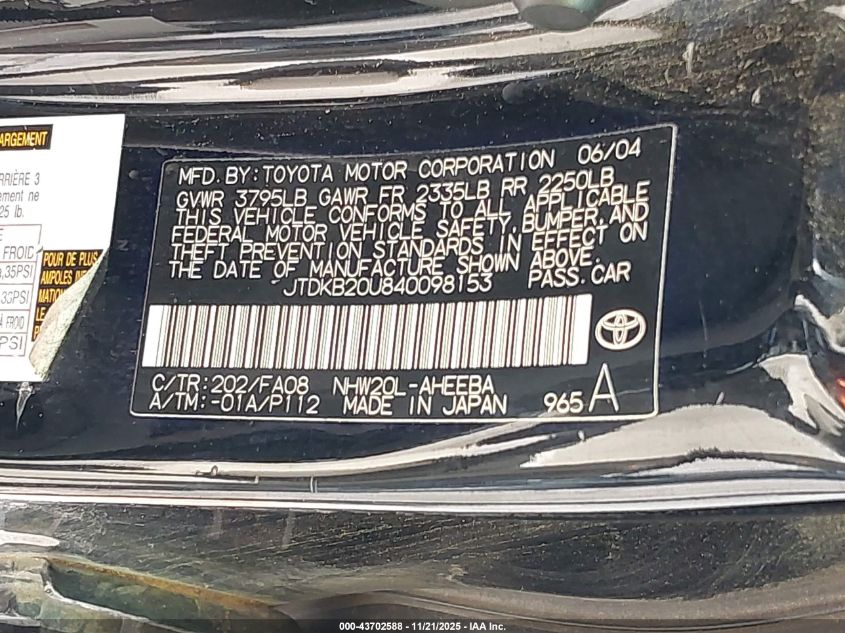 2004 Toyota Prius VIN: JTDKB20U840098153 Lot: 43702588