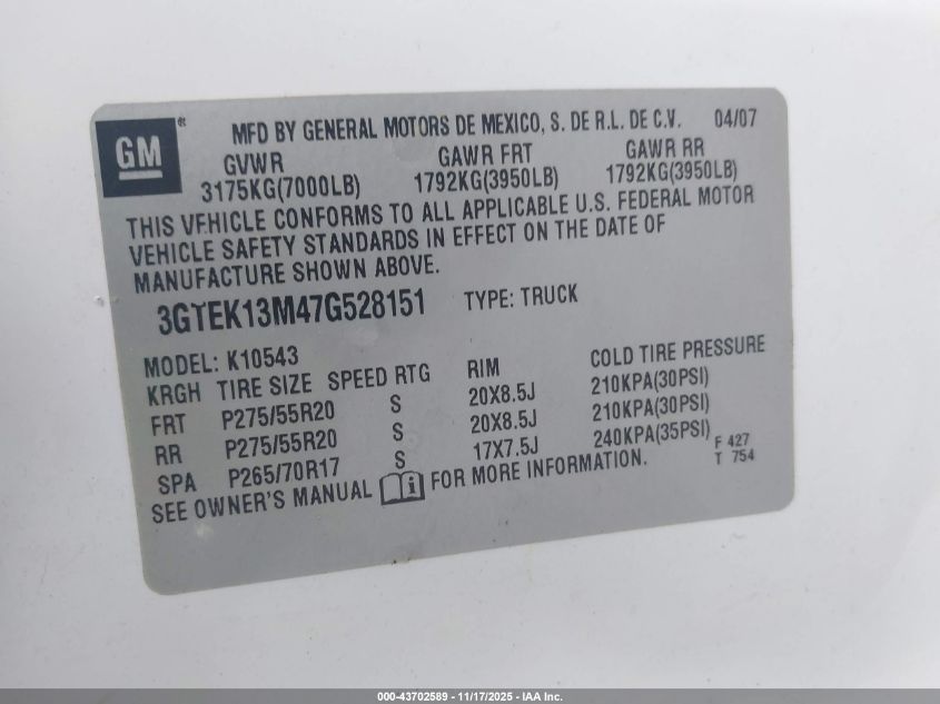 2007 GMC Sierra 1500 Slt VIN: 3GTEK13M47G528151 Lot: 43702589