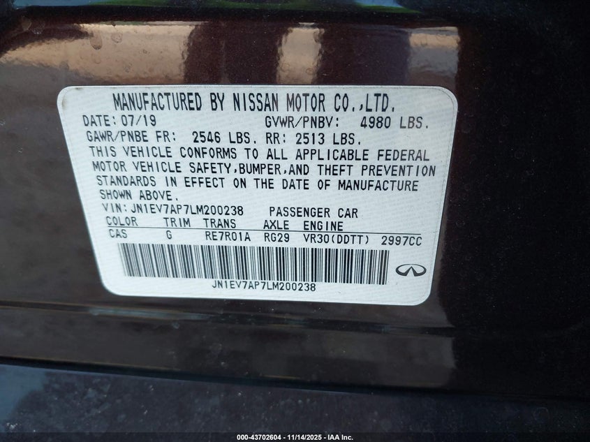 2020 Infiniti Q50 Luxe VIN: JN1EV7AP7LM200238 Lot: 43702604