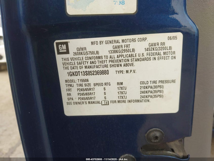 2005 GMC Envoy Sle VIN: 1GKDT13S852369880 Lot: 43702608