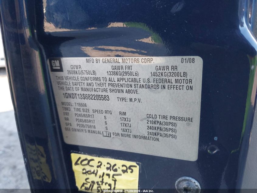 2008 Chevrolet Trailblazer Fleet VIN: 1GNDT13S682205583 Lot: 43702610