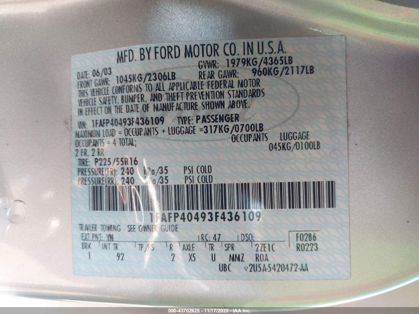 2003 Ford Mustang VIN: 1FAFP40493F436109 Lot: 43702625