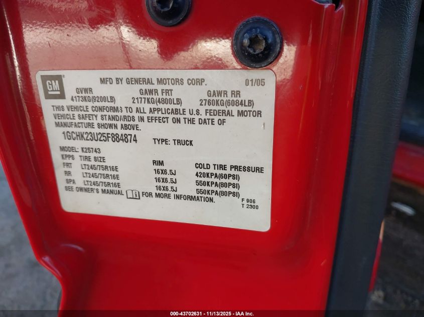 2005 Chevrolet Silverado 2500Hd Ls VIN: 1GCHK23U25F884874 Lot: 43702631
