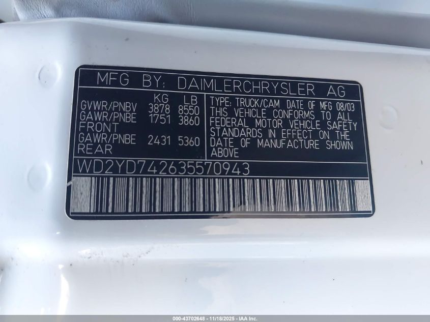 2003 Dodge Sprinter Van 2500 Super High Ceiling VIN: WD2YD742635570943 Lot: 43702648