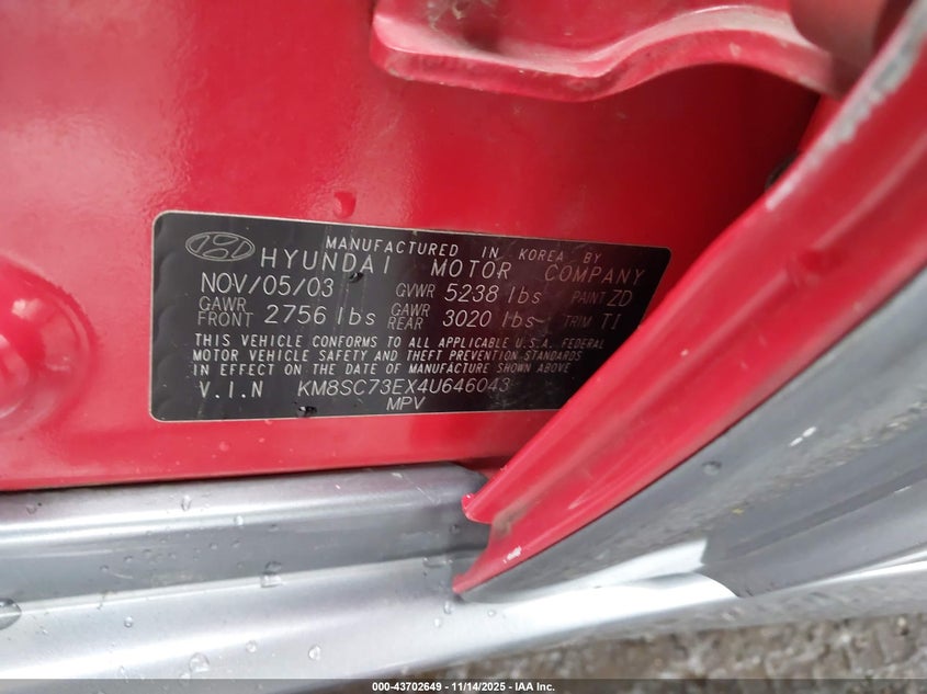 2004 Hyundai Santa Fe Gls/Lx VIN: KM8SC73EX4U646043 Lot: 43702649