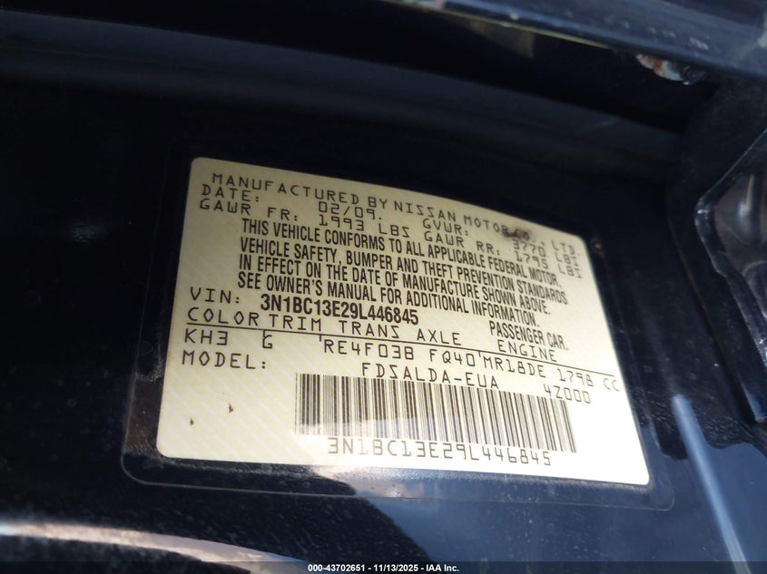 2009 Nissan Versa 1.8S VIN: 3N1BC13E29L446845 Lot: 43702651