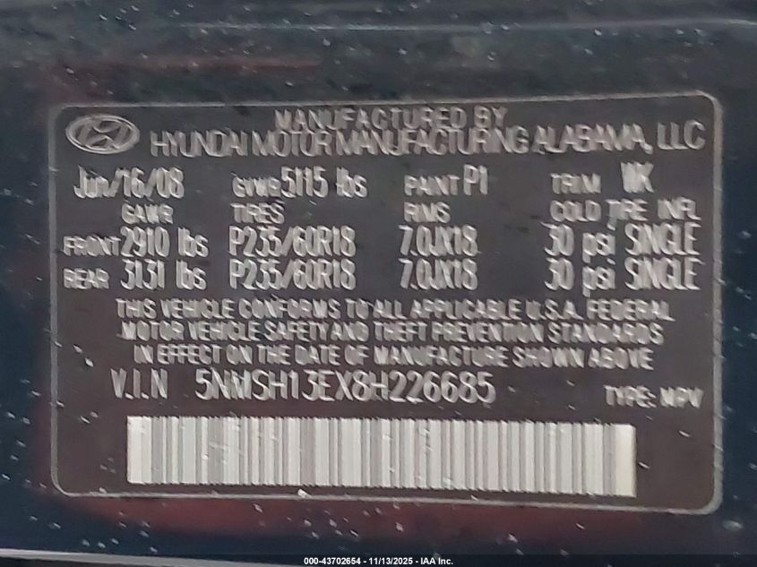 2008 Hyundai Santa Fe Limited/Se VIN: 5NMSH13EX8H226685 Lot: 43702654