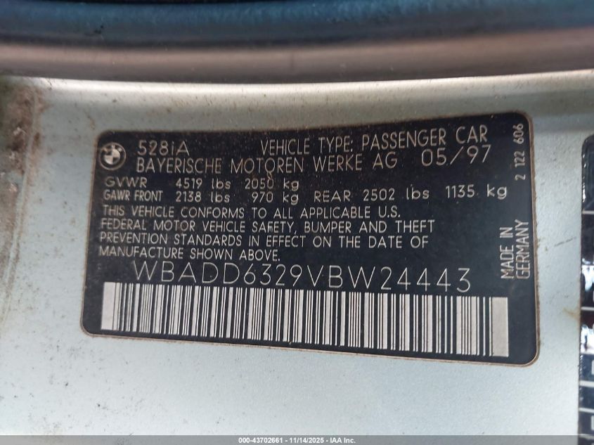 1997 BMW 528I VIN: WBADD6329VBW24443 Lot: 43702661