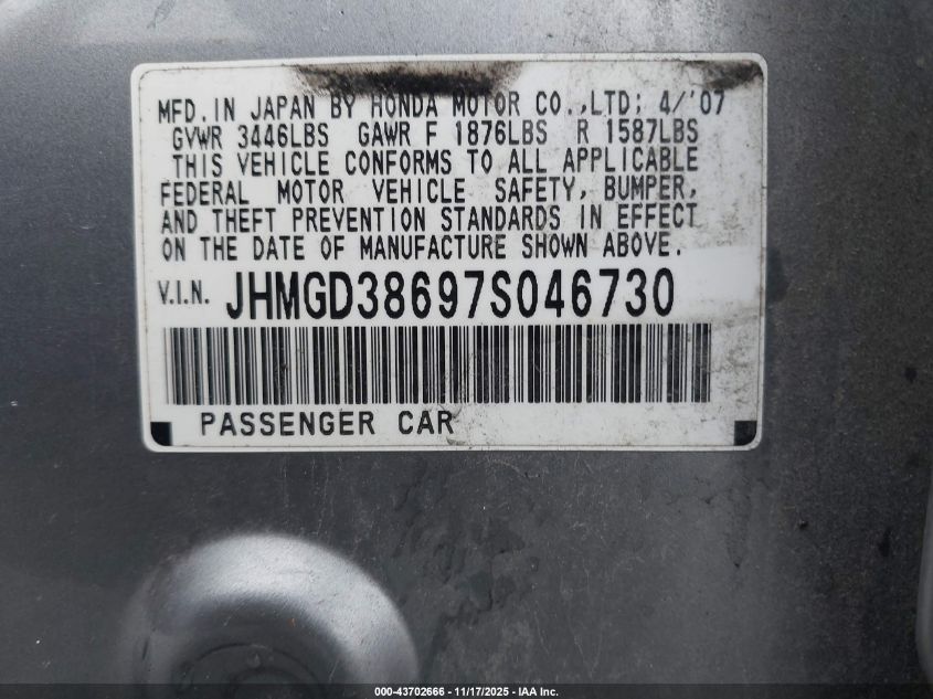 2007 Honda Fit Sport VIN: JHMGD38697S046730 Lot: 43702666