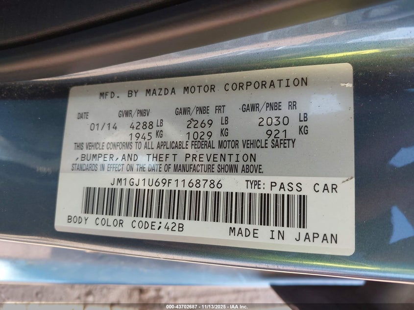 2015 Mazda Mazda6 I Sport VIN: JM1GJ1U69F1168786 Lot: 43702687