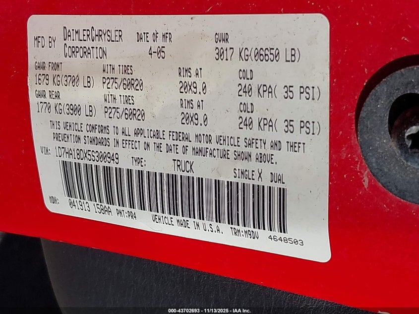 2005 Dodge Ram 1500 Slt/Laramie VIN: 1D7HA18DX5S300949 Lot: 43702693