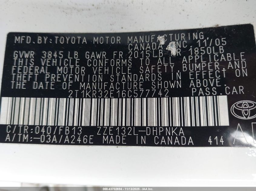 2006 Toyota Matrix Xr VIN: 2T1KR32E16C577742 Lot: 43702694