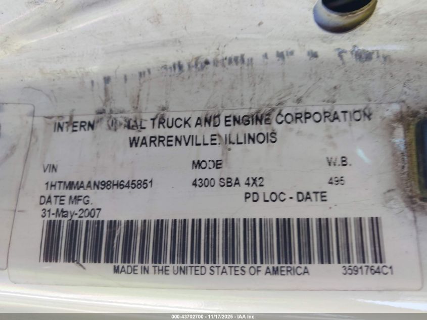 2008 International 4000 4300 VIN: 1HTMMAAN98H645851 Lot: 43702700