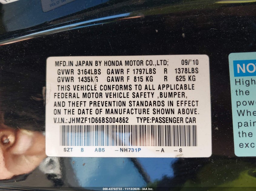 2011 Honda Cr-Z Ex VIN: JHMZF1D66BS004862 Lot: 43702733