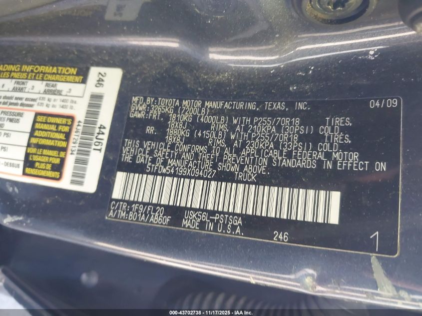 2009 Toyota Tundra Grade 5.7L V8 VIN: 5TFDW54199X094027 Lot: 43702738