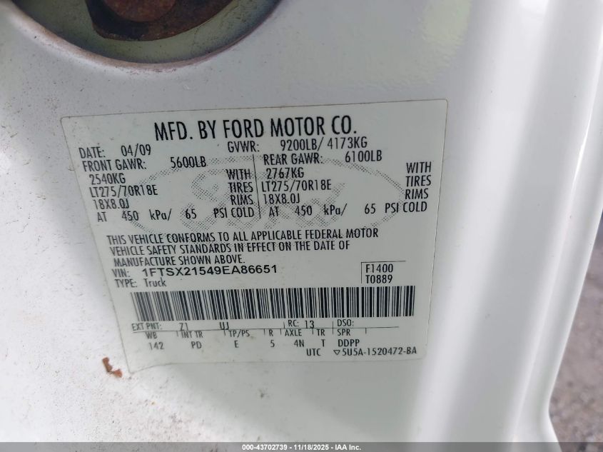 2009 Ford F-250 Fx4 VIN: 1FTSX21549EA86651 Lot: 43702739