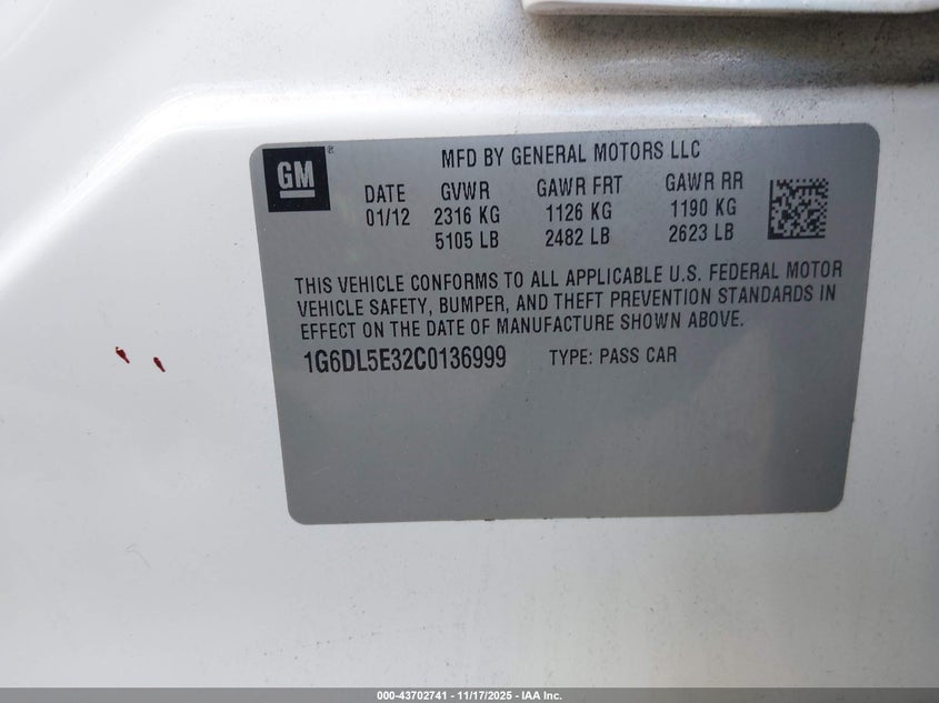 2012 Cadillac Cts Performance VIN: 1G6DL5E32C0136999 Lot: 43702741