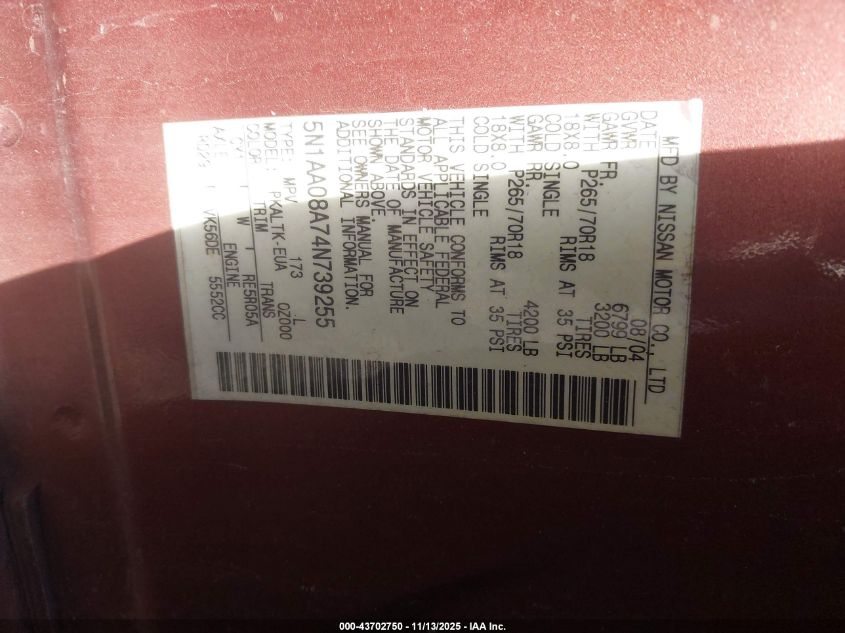 2004 Nissan Pathfinder Armada Se VIN: 5N1AA08A74N739255 Lot: 43702750