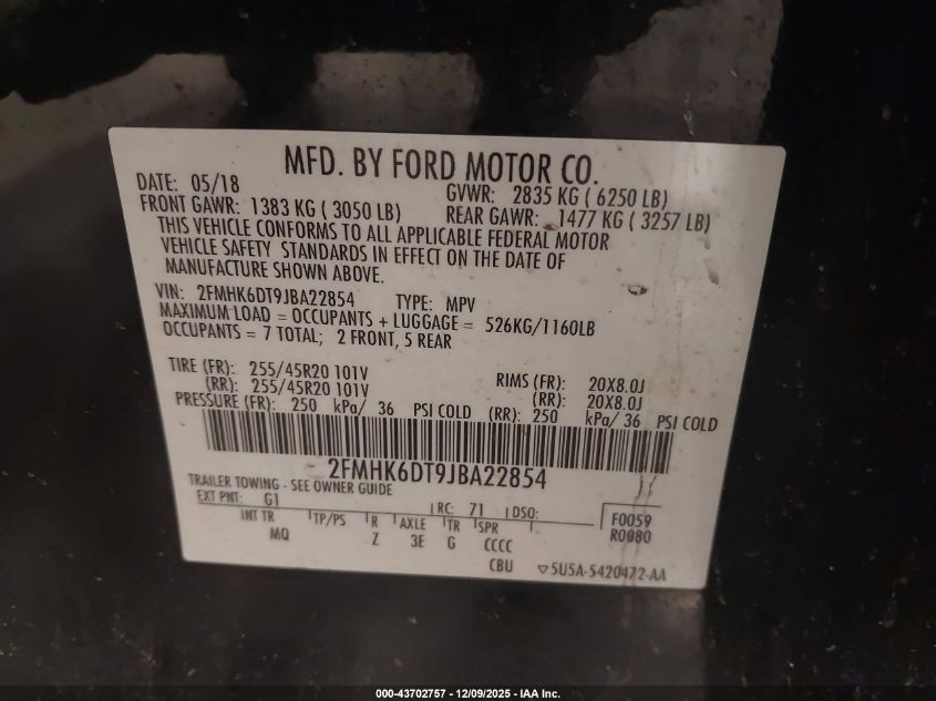 2018 Ford Flex Limited VIN: 2FMHK6DT9JBA22854 Lot: 43702757