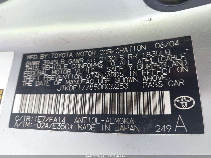 2005 Scion Tc VIN: JTKDE177850006253 Lot: 43702764