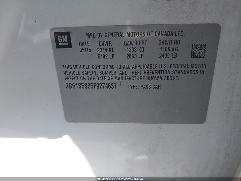 2015 Cadillac Xts Platinum VIN: 2G61S5S35F9274637 Lot: 43702771