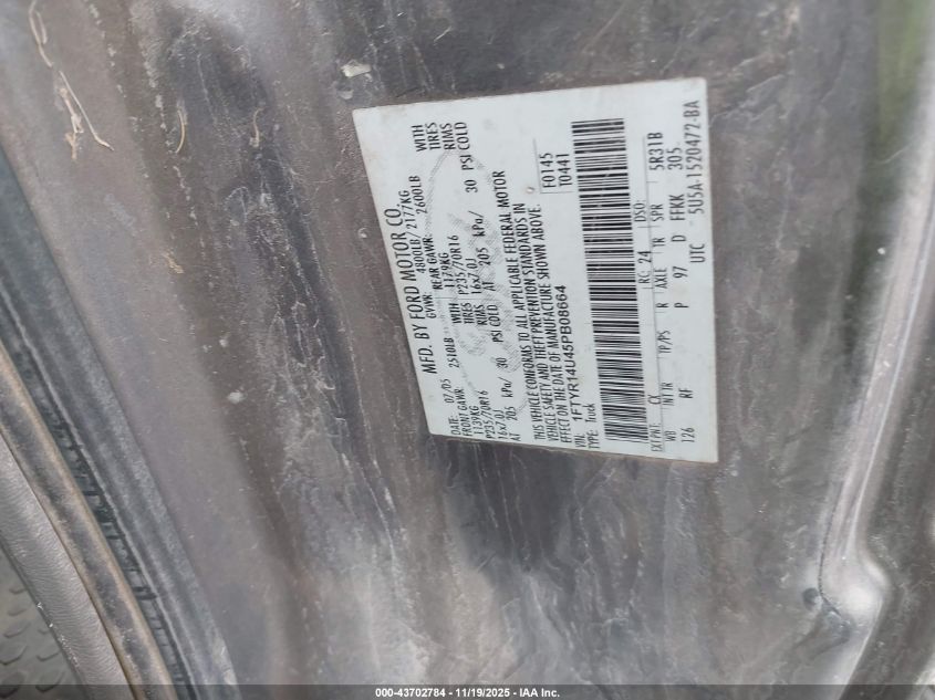 2005 Ford Ranger Edge/Stx/Xl/Xlt VIN: 1FTYR14U45PB08664 Lot: 43702784