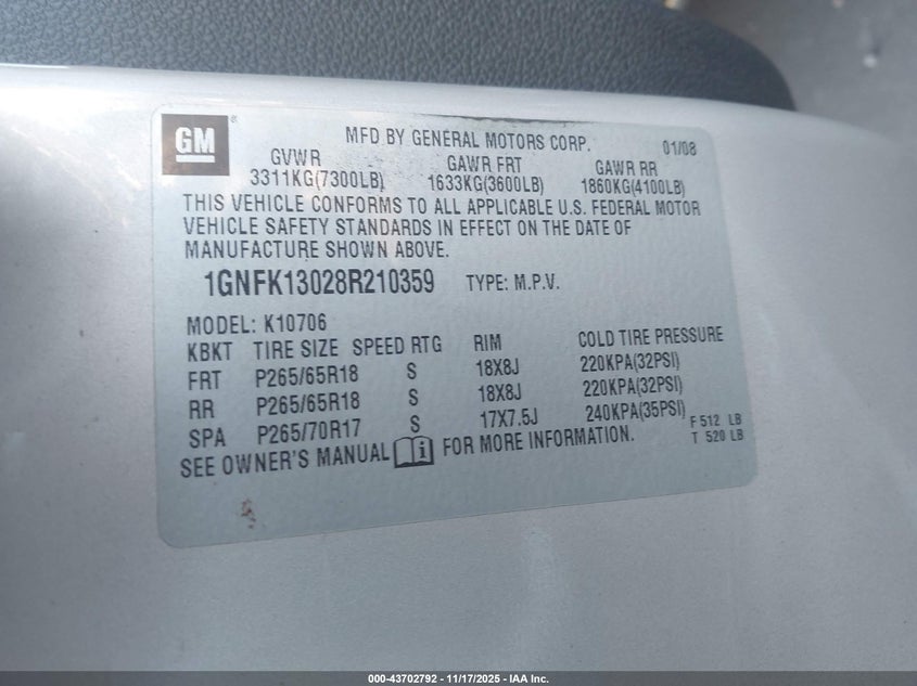 2008 Chevrolet Tahoe Lt VIN: 1GNFK13028R210359 Lot: 43702792