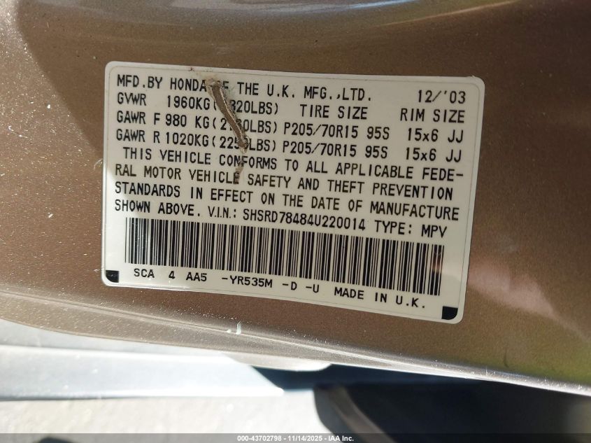 2004 Honda Cr-V Lx VIN: SHSRD78484U220014 Lot: 43702798